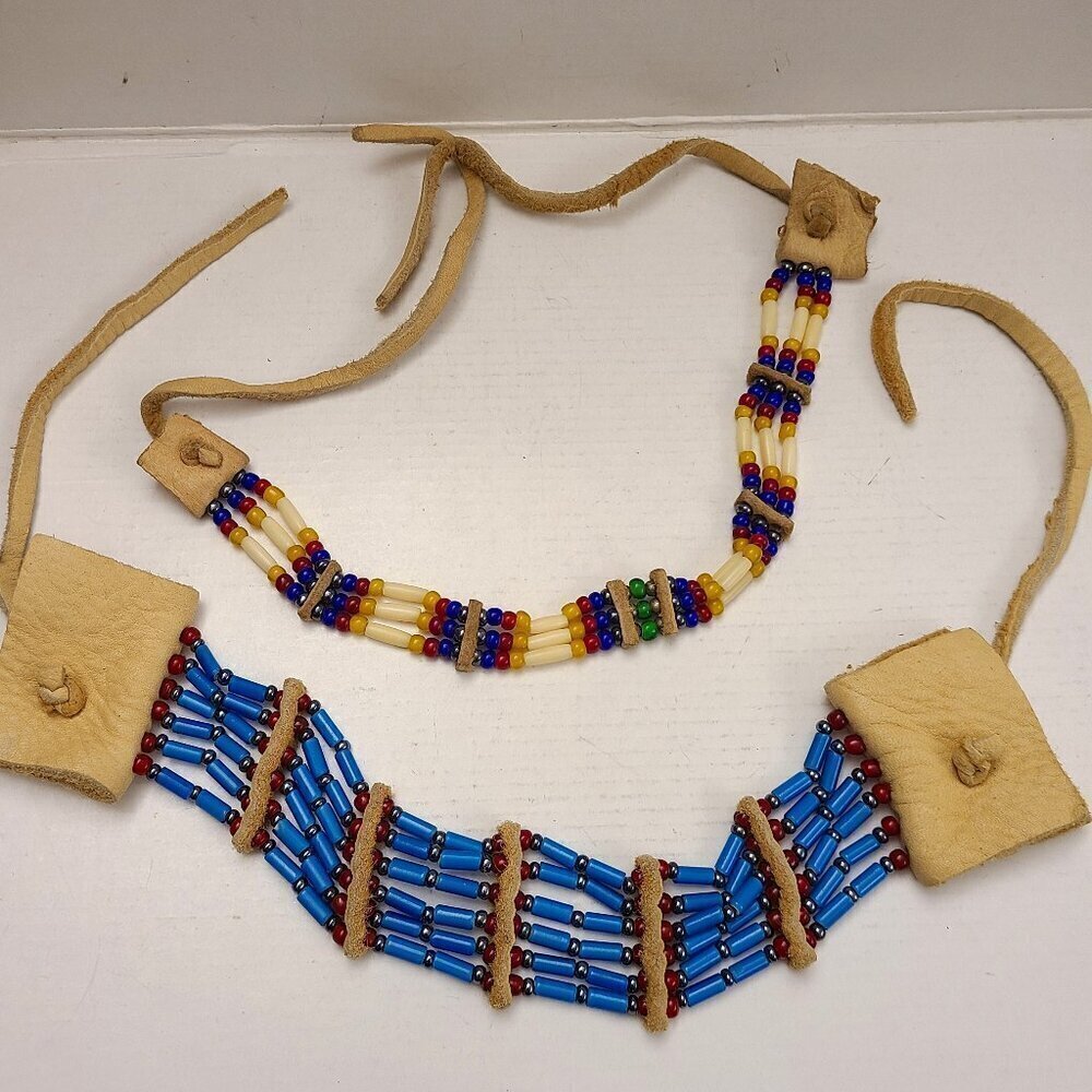 Set of 2 Leather and Bead Native American Choker Necklaces